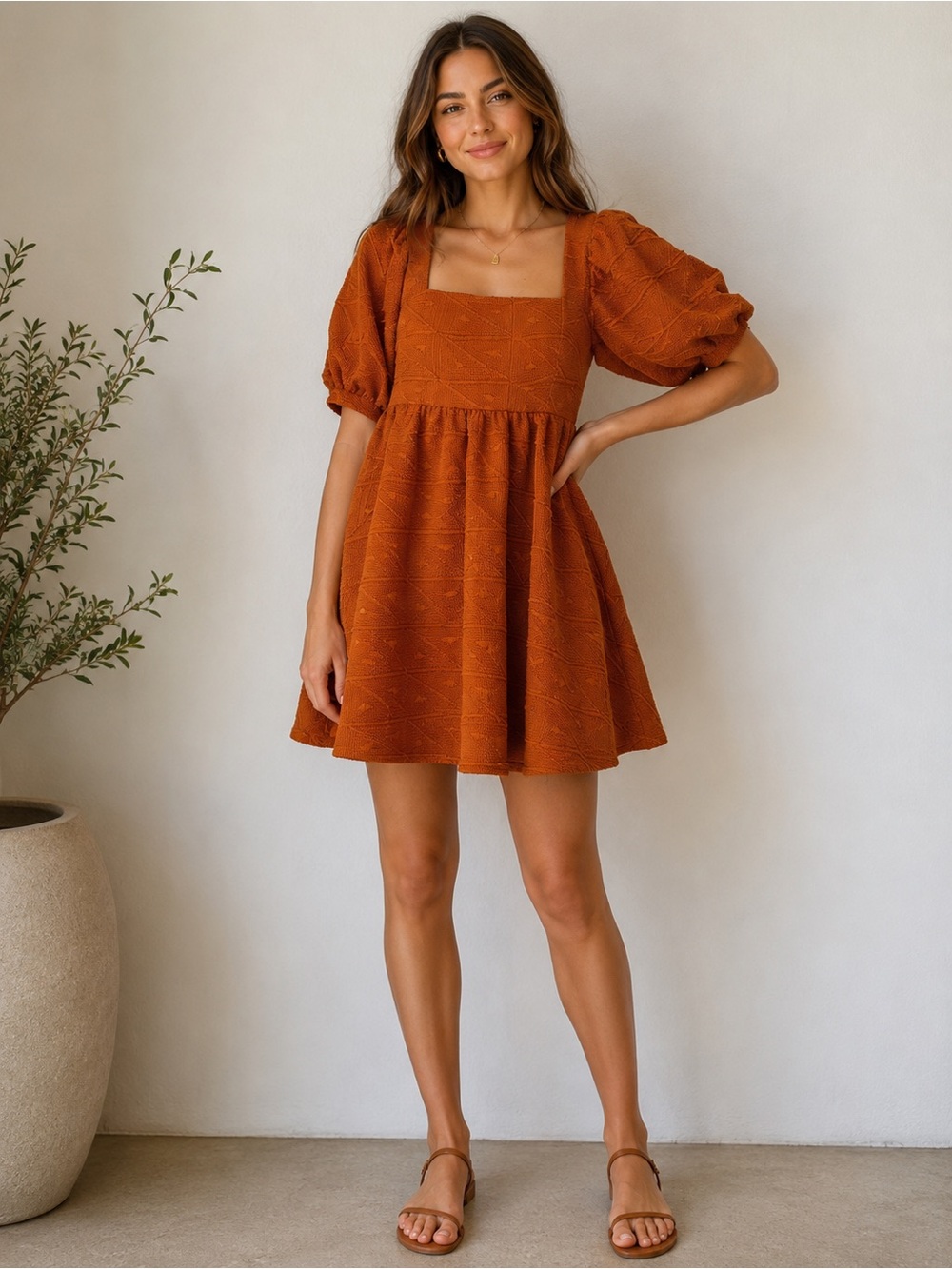 Free People Burnt Orange Textured Puff Sleeve Open Tie Back Mini Dress Size S